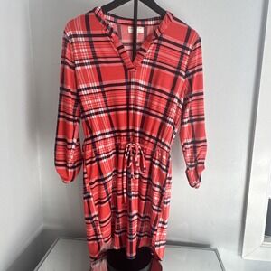 Bobbie Brooks Plaid Shirt Dress Red Black Check Tunic Tie Waist Size‎ M Casual